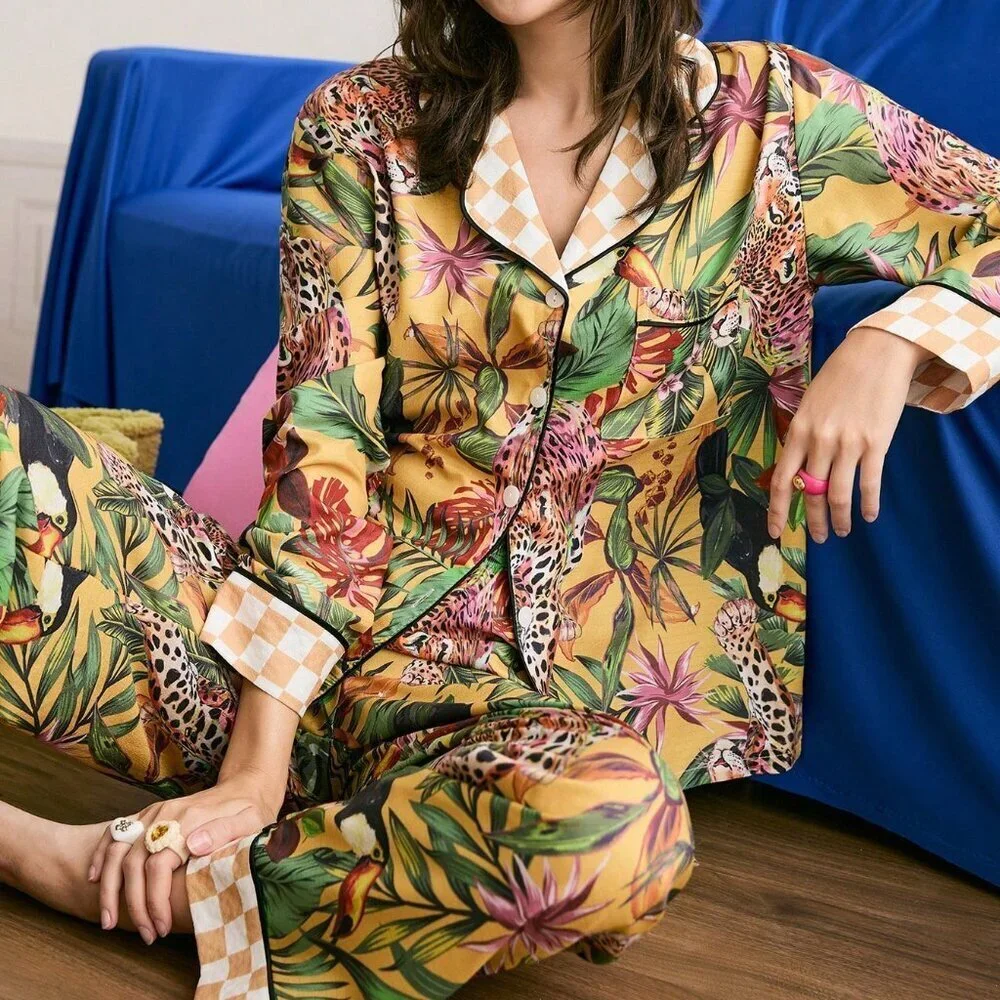 Multicolor Casual Women's Tropical Loungewear Animal Print Pajama Set